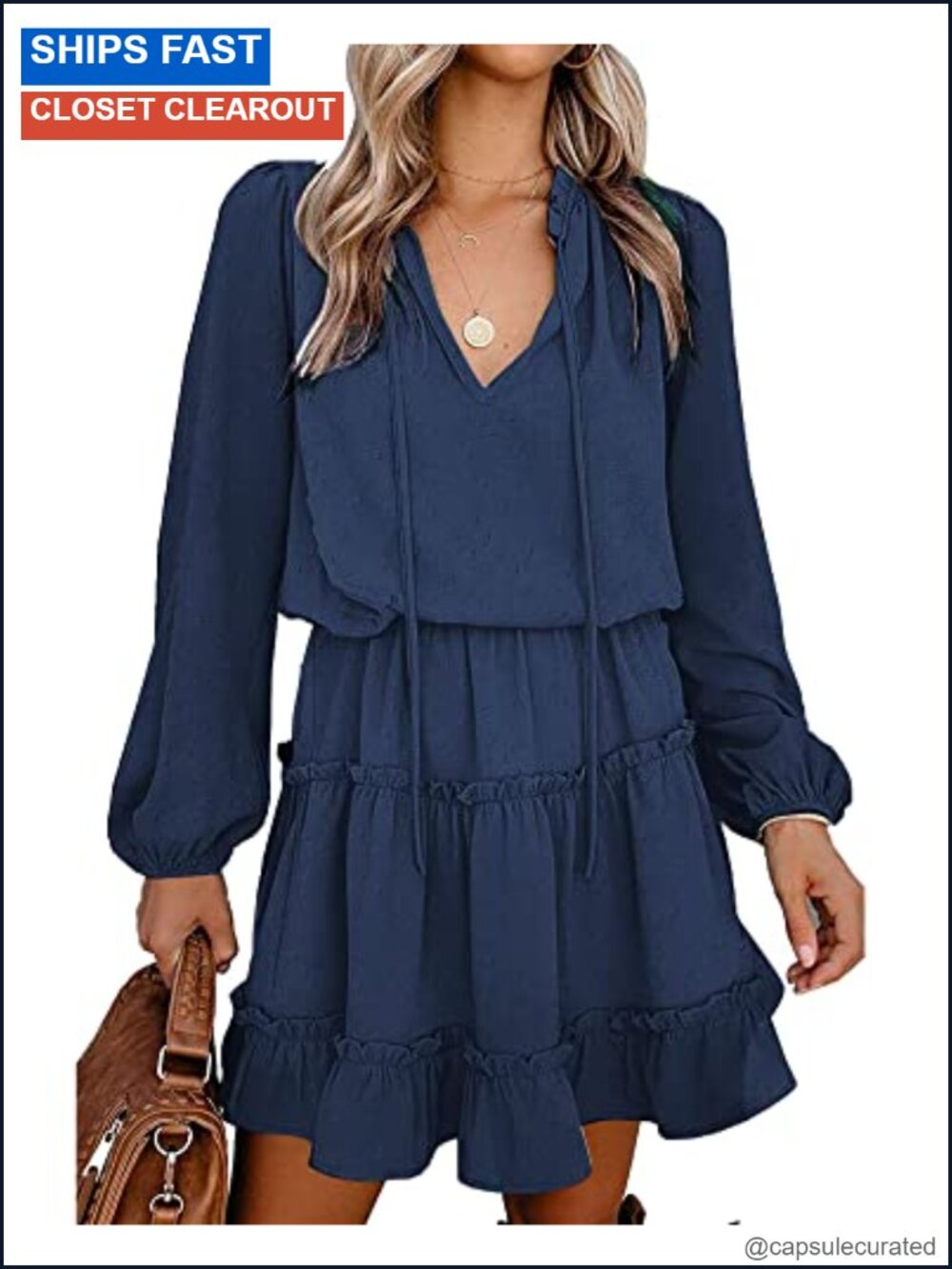 BTFBM Women Long Sleeve Mini Dress Tie V Neck Ruffle A-Line Casual